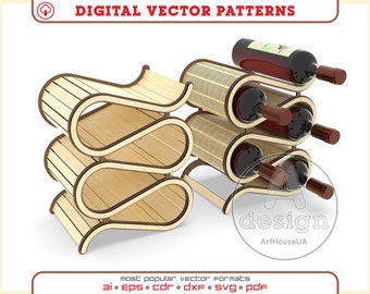 Bouteille de vin et étagère en verre de vin découpée au laser fichier vectoriel prêt, casier à vin en bois de table ou support de stockage de bouteilles, fichier de plateau de bouteille de vin, Ws.V5