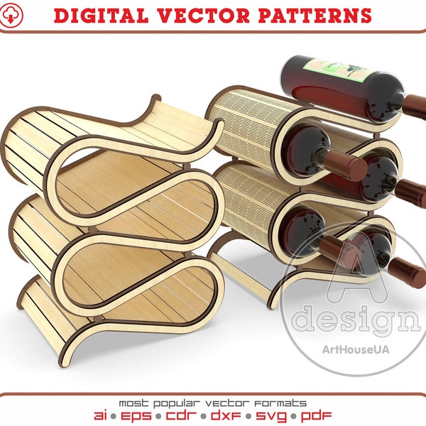 Botella de vino y estante de copa de vino cortado con láser archivo vectorial listo, estante de vino de madera de mesa o soporte de almacenamiento de botellas, archivo de bandeja de botellas de vino, Ws.V5