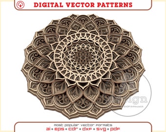 May include: A brown mandala design with intricate details, perfect for laser cutting or digital printing. The design features a circular pattern with multiple layers of overlapping shapes.