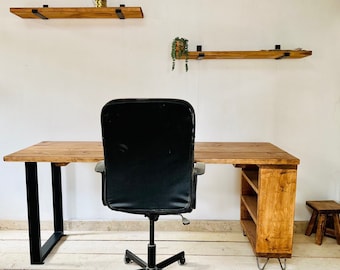 Wooden handmade Desk with shelving / storage unit- Choice of wood shade and metal legs