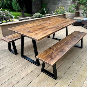 Industrial Exterior Dining Table – Handmade Reclaimed Wood Table with Steel Legs for Garden or Kitchen – Custom Sizes Available