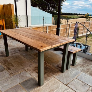 The Farmhouse Exterior Dining Table / Wooden Patio Table / Garden Table / Kitchen Table / Reclaimed Wooden Farmhouse table + coloured legs