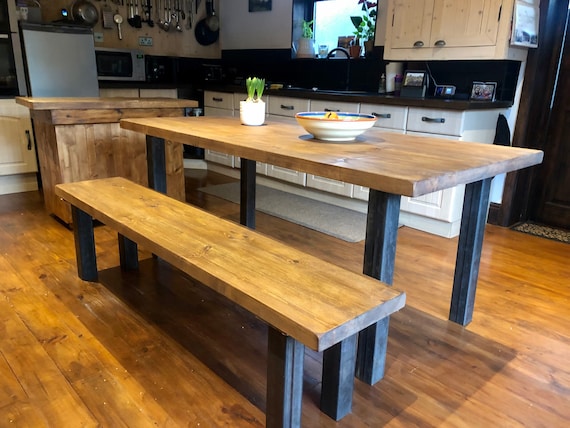The Seamless Chunky Interior Table Wooden Table Kitchen Table Dining Table and Bench Option Solid Wooden Heavy Chunky Steel Legs Etsy UK