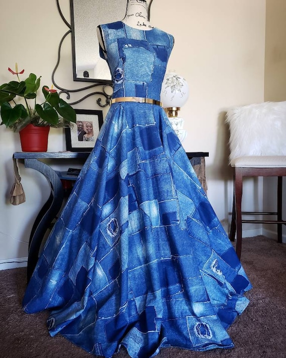 denim dress dressy Faux Patchwork Maxi Dress, Denim Dress, Maxi Dress, Denim Patchwork (please Read Full Description) Color:Turquoise (6) Jovani 43044 | Red product_family:2L70289 Prom dress 2.5% spandex Stretch denim