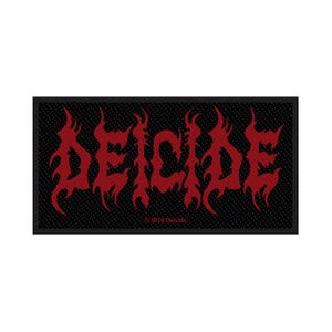May include: A rectangular patch with the word "DEICIDE" in red, stylized, flame-like lettering. The patch has a black background with a dotted texture. The text "© 2018 Deicide" is printed at the bottom.