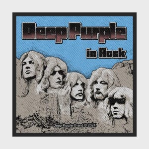 Puede incluir: Gráfico cuadrado con la banda Deep Purple y el texto "Deep Purple in Rock" en una fuente retro. La imagen representa las caras de los miembros de la banda talladas en una montaña, sobre un fondo azul punteado. Copyright 2024.