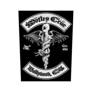 Peut inclure: Graphique noir et blanc avec les mots "Mötley Crüe" dans une bannière, et un motif de serpent ailé. Le texte "Hollywood, CA" est dans une bannière en dessous. Le texte "Est. 1981" est également présent. Un crâne et des os croisés sont à gauche.