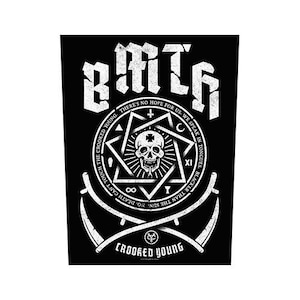 May include: Black rectangular patch with white gothic lettering that reads "BMTH" at the top. A central pentagram design features a skull and crossbones. The text "THERE'S NO HOPE FOR US. WE SPEAK IN TONGUES" surrounds the pentagram. The bottom reads "CROOKED YOUNG".