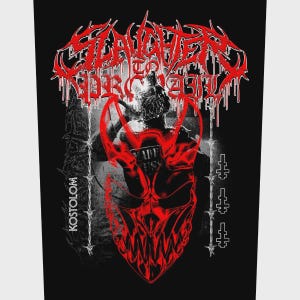 Puede incluir: Diseño gráfico en blanco y negro con una ilustración roja de un demonio y el texto "Slaughter to Prevail" en una fuente goteante. La palabra "Kostolom" está impresa verticalmente en el lado izquierdo.