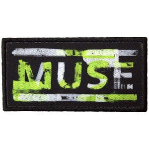 May include: Black rectangular patch featuring the word "MUSE" in neon green, with white horizontal stripes. The text has a distressed effect. The patch has a black border.