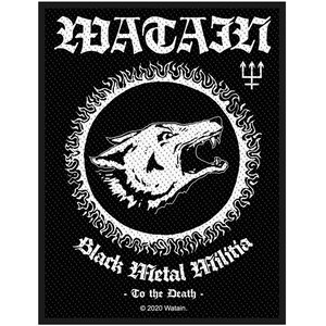 May include: Black patch featuring the band name "Watain" in a gothic font. A white wolf head is inside a circle with a flame design. The text "Black Metal Affilitia - To the Death - © 2020 Watain" is also included.