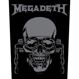 May include: Black graphic featuring a gray skull with goggles and chains, and the band name "Megadeth" in gray at the top. The skull has a detailed design with rivets and a menacing expression. The image is a bold, high-contrast design.