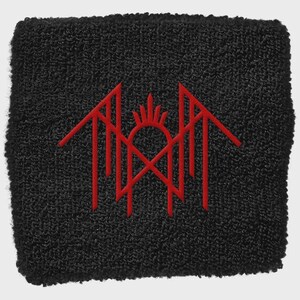 May include: Black wristband with a red embroidered design. The design features a stylized sun or crown shape with vertical lines and angular elements. The wristband is made of a textured, absorbent material.