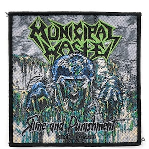 May include: Square patch with a black border featuring the text "MUNICIPAL WASTE" in green, above a skull-like figure in blue and green. The text "Slime and Punishment" is below the figure.
