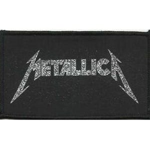 May include: Black fabric patch with a silver metallic logo that reads "Metallica" with a lightning bolt design.