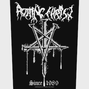 May include: Black and white graphic patch featuring the band name "Rotting Christ" in a stylized font. The design includes a cross made of nails, with the text "Since 1989" below.