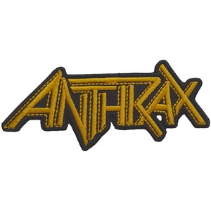 May include: A black and gold embroidered patch with the word "ANTHRAX" in a stylized font.