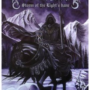 May include: Album cover art for "Storm of the Light's Bane" by Dissection. A cloaked figure on horseback holds a staff and hourglass, set against a snowy mountain backdrop. The band's logo is at the top.