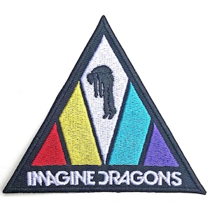 May include: A triangular patch with the text "IMAGINE DRAGONS" in white. The patch has a black border and a design with red, yellow, teal, and purple sections. A black figure is in the center.