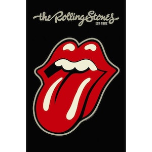 May include: Black background with the Rolling Stones logo. The logo features a red tongue and lips with a white outline and a white tongue. The text "the Rolling Stones EST 1962" is written above the logo in a cursive font.