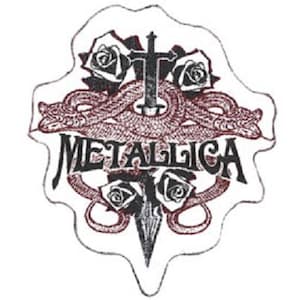 May include: A white patch featuring a black and white image of a snake wrapped around a sword with roses and the word "Metallica" in black lettering.