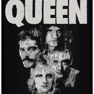 May include: Black square patch with the word "QUEEN" in white above a collage of four grayscale portraits. The portraits are of the band members.