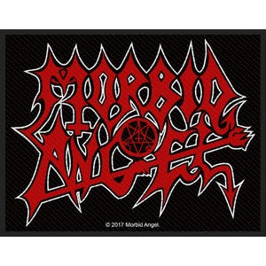 May include: A black patch featuring the red and white logo of the band Morbid Angel. The logo is a stylized, gothic design with sharp edges and a pentagram in the center. The text "© 2017 Morbid Angel" is at the bottom.