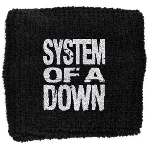 May include: Black wristband with the white text "SYSTEM OF A DOWN" in a bold, distressed font. The wristband is made of a textured, absorbent material, likely for sweat absorption during exercise or performances. The band is a music accessory.