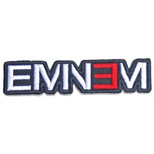 May include: Embroidered patch featuring the name "EMINEM" in white, navy blue, and red. The letters are outlined in white with a navy blue border. The "E" and "M" are white, the "N" is navy blue, and the "E" in the middle is red.