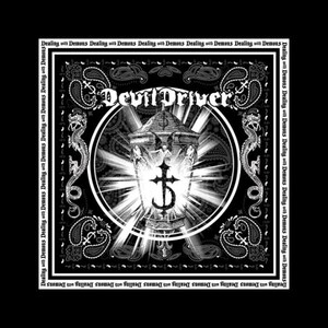 May include: Black and white bandana with a central design featuring the text "Devil Driver" inside a circle. The design includes a cross and a stylized lantern. The border text reads "Dealing with Demons".