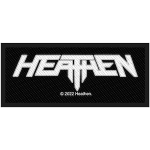 May include: A rectangular black patch with the word "HEATEN" in white, stylized, capital letters. The text is outlined with a dotted pattern. Below the text is the copyright notice "© 2022 Heathen."