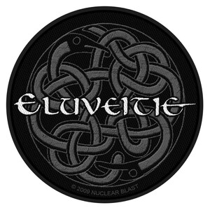 May include: A circular black patch with the band name "Eluveitie" in white, ornate lettering. The design incorporates a grey Celtic knot pattern. The text "© 2009 NUCLEAR BLAST" is at the bottom of the patch.
