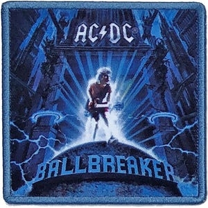 May include: A blue and black embroidered patch featuring the band AC/DC's logo and the album title "Ballbreaker".