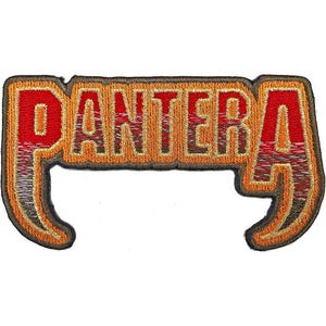 May include: An embroidered patch with the word "PANTERA" in red and orange letters. The patch is shaped like a pair of horns.