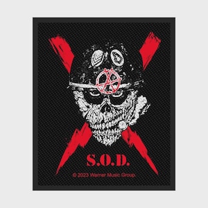 May include: Black patch with a skull wearing a helmet and a red anarchy symbol. Two red lightning bolts cross behind the skull. The text "S.O.D." is below the skull, with copyright information at the bottom.