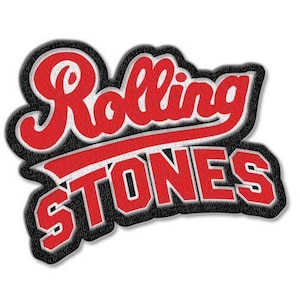 May include: A black and red embroidered patch with the text "Rolling Stones" in a white outline.