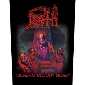 Puede incluir: Gráfico negro con la palabra "DEATH" en letras rojas goteantes sobre una ilustración de una figura esquelética con túnicas moradas sentada en un trono, rodeada de figuras con túnicas rojas. El texto "SCREAM BLOODY GORE" está en la parte inferior.