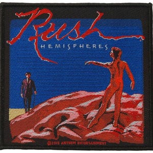 May include: Square patch with a black border. The patch features the word "Rush" in red script above "Hemispheres". The image shows two figures on a red and yellow landscape against a blue sky. ©2015 Anthem Entertainment.