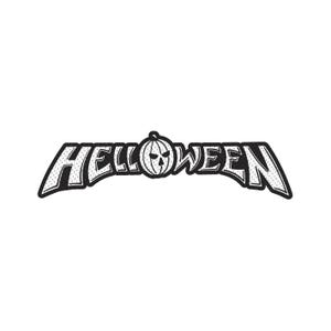 Könnte beinhalten: Schwarz-weißes Halloween-Motiv mit dem Wort "HELLOWEEN" in einer stilisierten Schriftart. Ein Kürbis mit Totenkopfgesicht ersetzt das "O" im Wort. Das Design hat einen Used-Look, perfekt für die gruselige Jahreszeit.