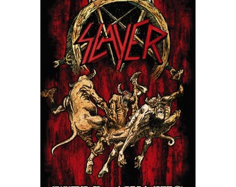 May include: A poster with a dark red background featuring the band name "SLAYER" in red letters above an illustration of demonic figures. The words "HELL AWAITS" are printed in white at the bottom.
