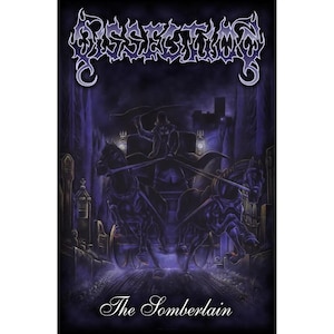 May include: A dark, gothic-style album cover with the band name "Dissection" in ornate, purple lettering. The image depicts a horse-drawn carriage with a cloaked figure, set against a shadowy, urban backdrop. The album title, "The Somberlain," is at the bottom.