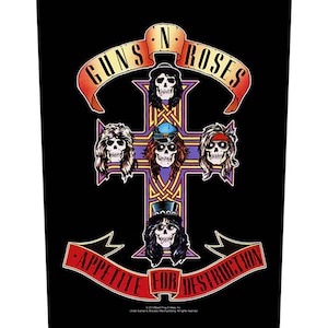 以下が含まれることがあります： 黒色のグラフィックで、Guns N' Rosesのロゴ、十字のデザイン、スカルのイラストが特徴です。「GUNS N' ROSES」の文字が上部にアーチ状に配置され、「APPETITE FOR DESTRUCTION」が下部に配置されています。