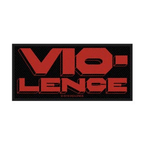 May include: A rectangular patch with the word "VIOLENCE" in bold, red, 3D-style lettering. The background is black with a subtle dotted texture. The text "© 2019 VIO-LENCE" is at the bottom.