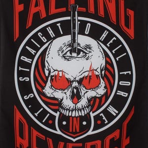 May include: Black banner with red and white text and graphics. The banner features a skull with flames for eyes and a knife through the eye. Text includes "FALLING", "STRAIGHT TO HELL FOR ME", and "IN REVERSE".