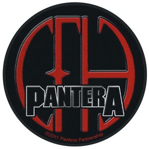 May include: A black and red circular patch with the word "PANTERA" in white lettering and a stylized "P" logo in red.