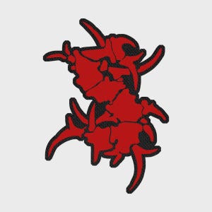 May include: A red patch with a black border, displaying an abstract design. The patch has a textured appearance, possibly fabric. The symmetrical design has a jagged, organic shape, suitable for clothing or accessories.