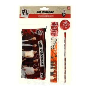 May include: A One Direction school kit containing a pencil case, pencil, ruler, and badge. The pencil case and pencil feature images of the band members. The kit includes the text "ONE DIRECTION" and "I <3".