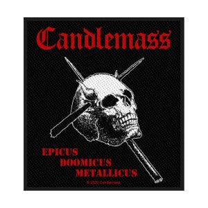 May include: Black square patch with a white skull pierced by crossed spears. The red gothic text reads "Candlemass" above the skull. Below, the red text says "EPICUS DOOMICUS METALLICUS". The patch has a textured, dark background.