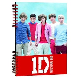 May include: Spiral-bound notebook with a photograph of five young men. The cover has a red banner with the text "1D" and "ONE DIRECTION" in white. The background is a light blue colour.