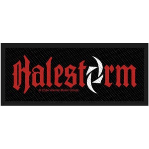 May include: Black rectangular patch featuring the band name "Halestorm" in red gothic lettering with a white crescent moon design. The text "© 2024 Warner Music Group" is below the band name. The patch has a textured surface.